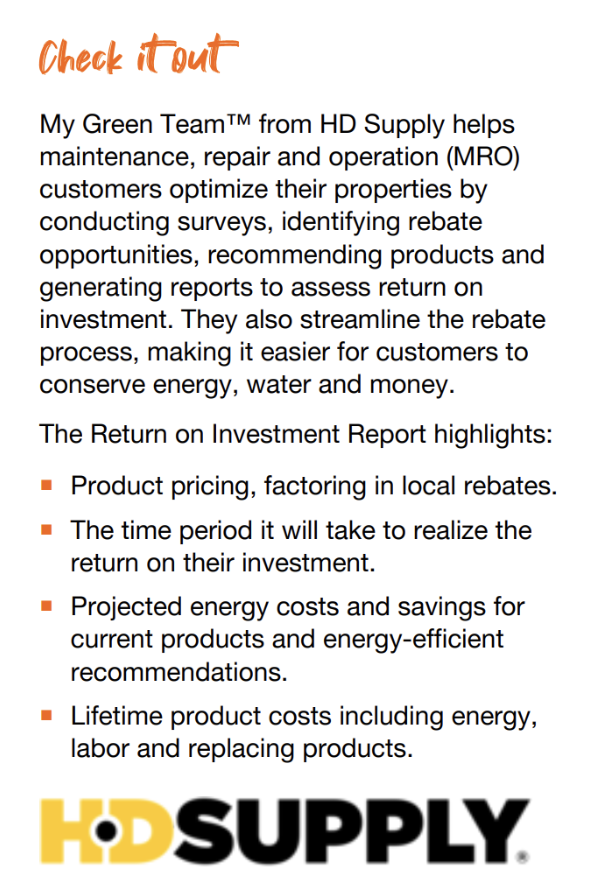 Home Depot HD Supply 'My Green Team' program description outlining MRO property surveys, rebate identification, and return-on-investment reporting for energy and water conservation.