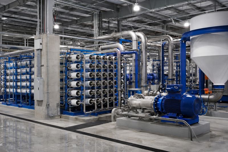 Industrial water treatment facility with blue piping and filtration racks