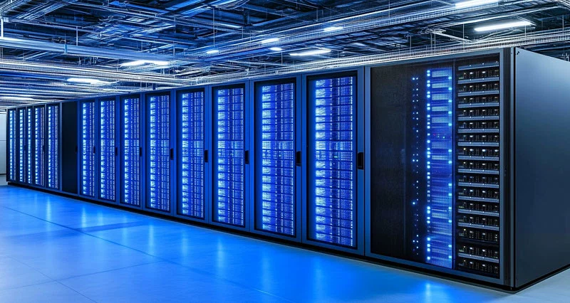 Long row of hyperscale server racks glowing with electric-blue light on a reflective floor
