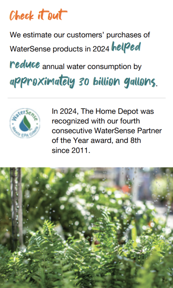 Home Depot WaterSense product impact summary noting customers' 2024 purchases helped reduce annual water consumption by approximately 30 billion gallons, with a fourth consecutive WaterSense Partner of the Year award.